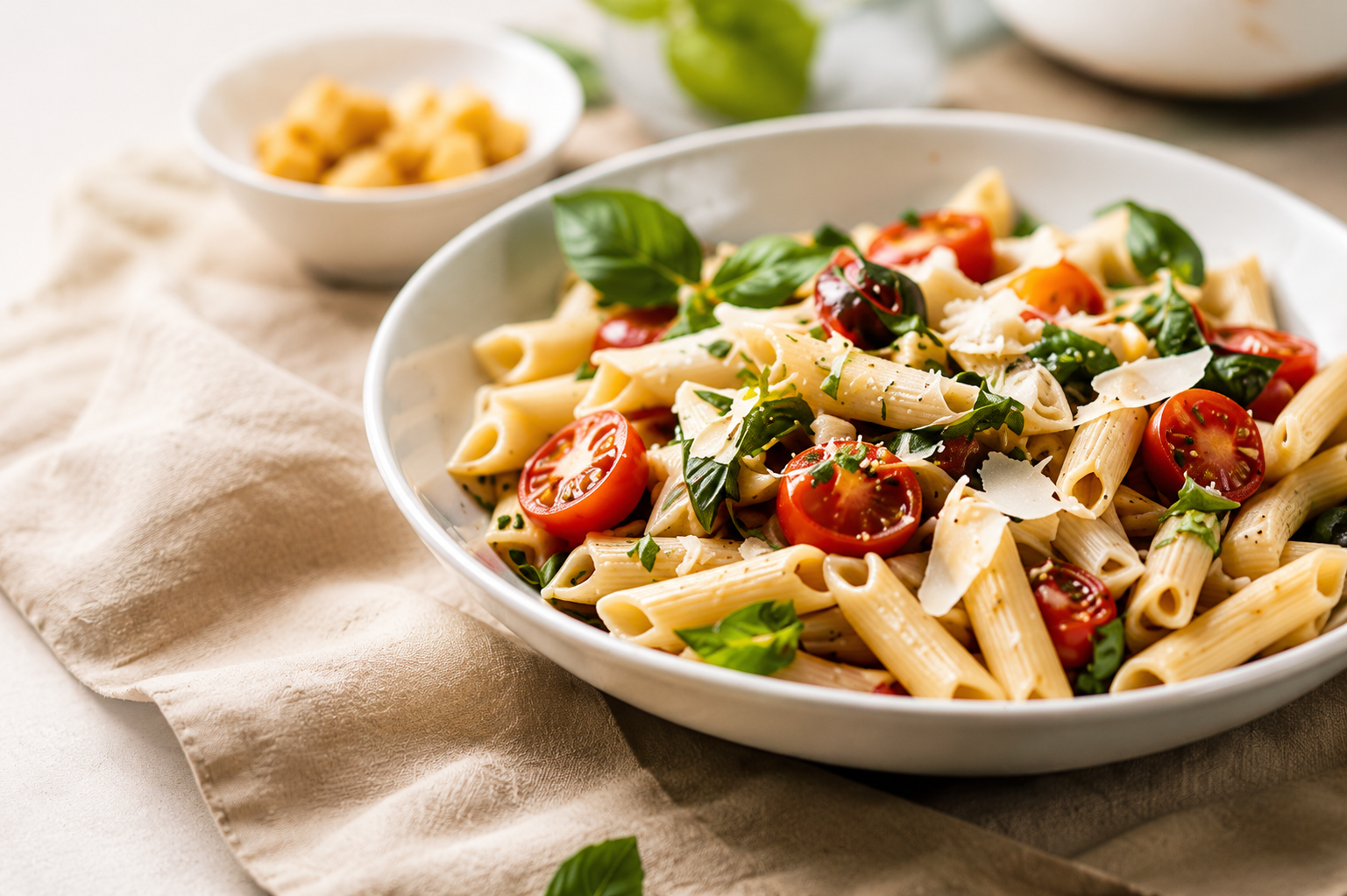 Penne mit Kirschtomaten, Basilikum und Parmesan in einer weißen Schale